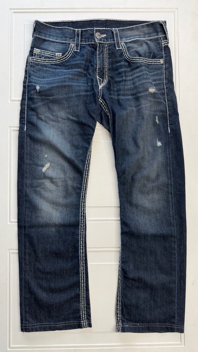True Religion Mens Sz 33 Blue Straight Leg Distressed Dark Wash Jeans
